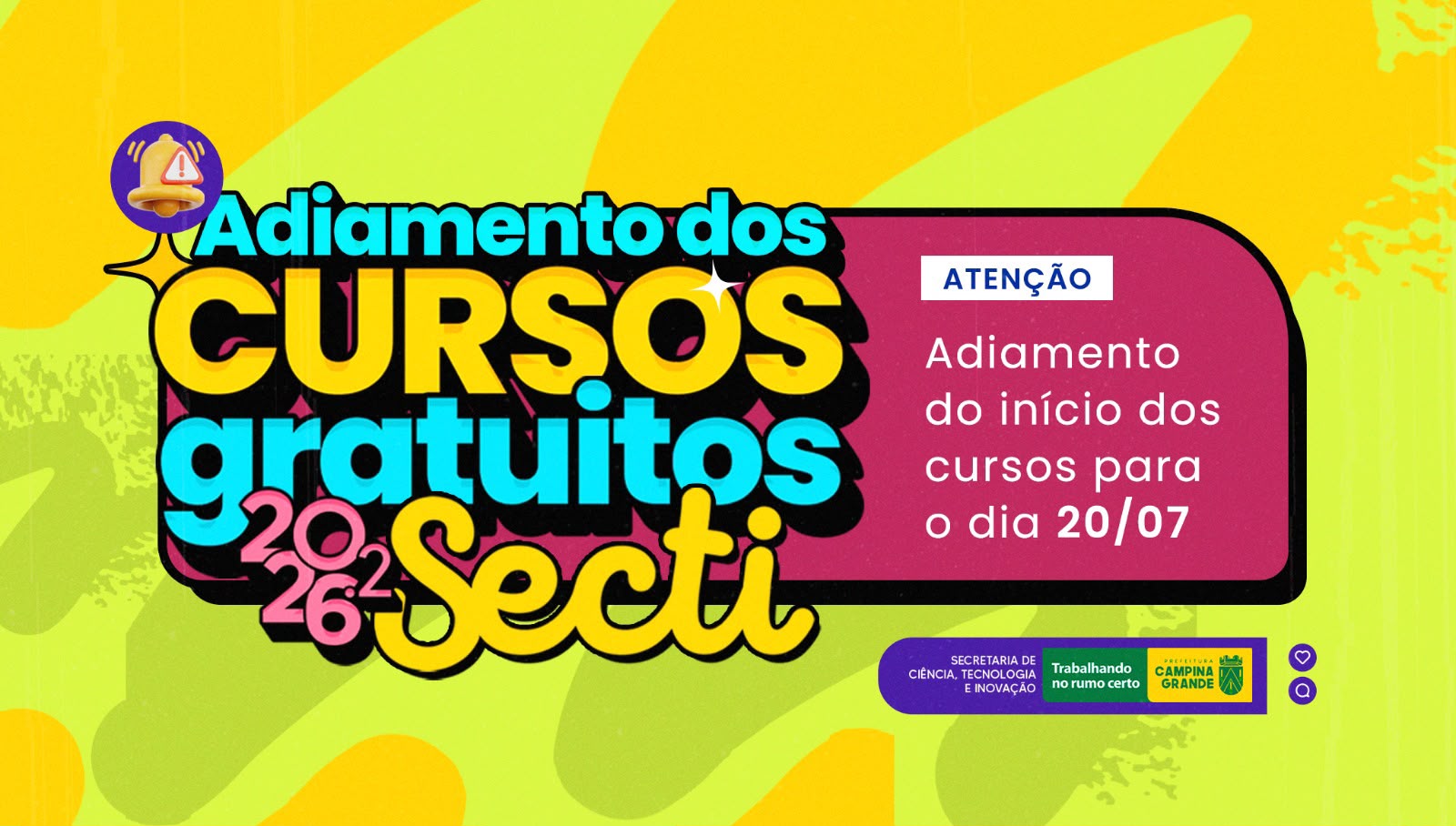 Secti adia para a próxima segunda-feira início das aulas dos cursos gratuitos de tecnologia
